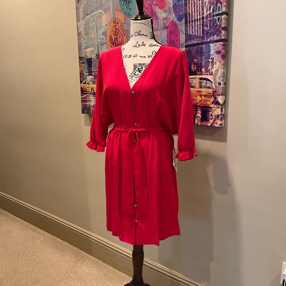 Badgley Mischka Red Silk Elegant Button Down Dress